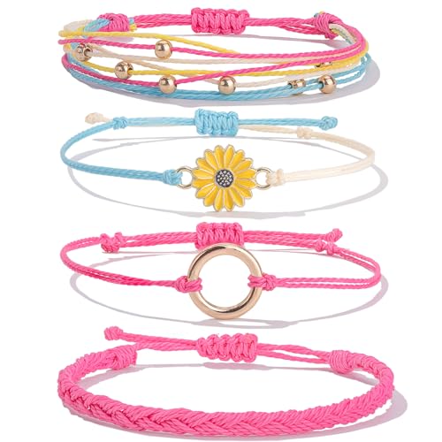 FANCY SHINY Easter Gifts Basket Stuffers Sunflower String Bracelet Boho Braided Rope Wrap Bracelets Cute Summer Beach Surfer Jewelry for Women - color: Hot Pink