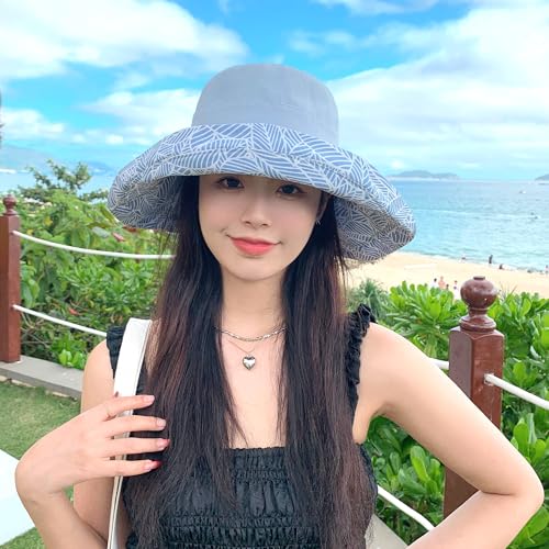 HUAMULAN Women Summer Sun Hat Wide Brim Wired Edge Floral Beach Bucket Hats Reversible Foldable Travel UV Protection Lady Hat - color: Blue