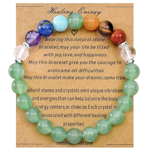 Strong Healing Crystal Bracelet 8MM Genuine Stone Bracelet Lucky Beaded Bracelet Chakra Bracelet 6.5 inch Positive Energy Inspirational Gifts for Women Mom - style: 7 Chakra-Green