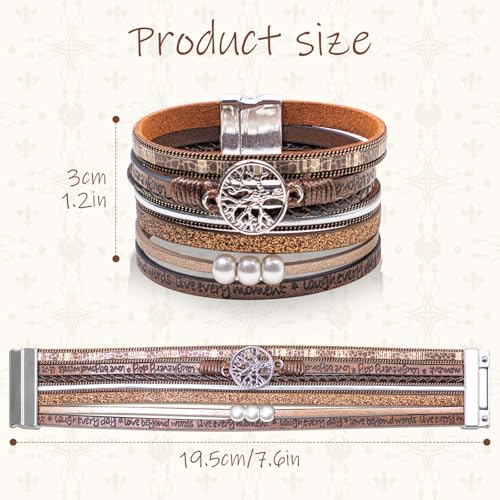 Leather Wrap Bracelet for Women, Boho Cuff Bracelet with Strong Clasp, Multi-Layer Crystal Leather Bracelet for Valentine Mother's Day - color: 02-Tree of Life-Brown