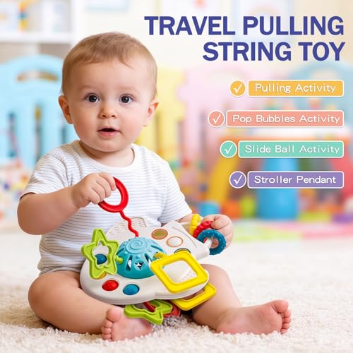 Baby Toys 6 to 12 Months, 5 In 1 Montessori Toys for 1 Year Old, Incl Travel Pull String Toy & Rattle Teether & Stacking Baby Block & Soft Infant Ring & Sensory Ball for Toddler 0-3-6-9-12 Month