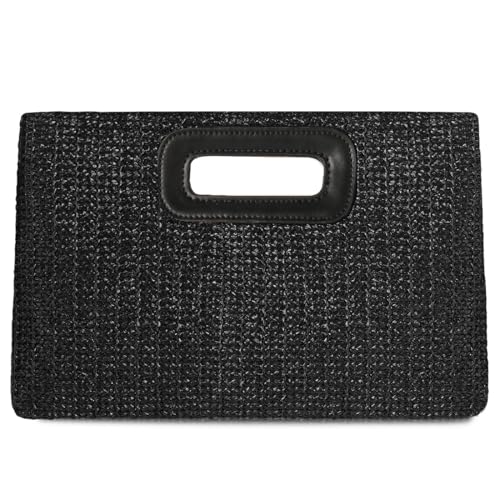 Beach Clutch Bag Straw Summer Clutch Purses for Women Handmade Woven Purse Detachable Gold Chain, Crossbody - color: Black