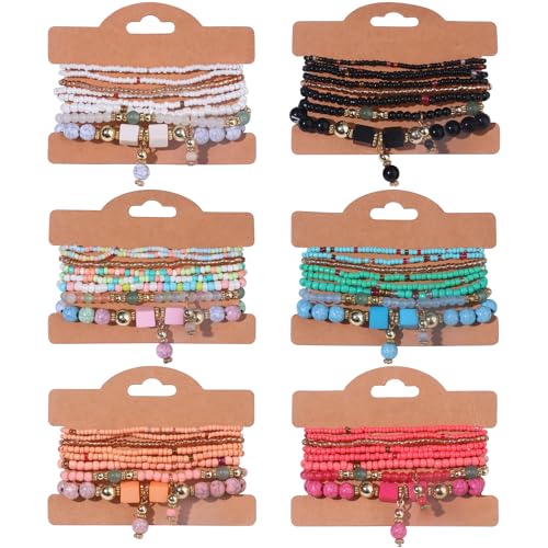 6 Sets Bohemian Bracelet Sets for Women | Beaded Bracelets for Women | Stackable Stretch Boho Bracelets for Women | Multi-color Bracelets Dainty Jewelry Gifts
