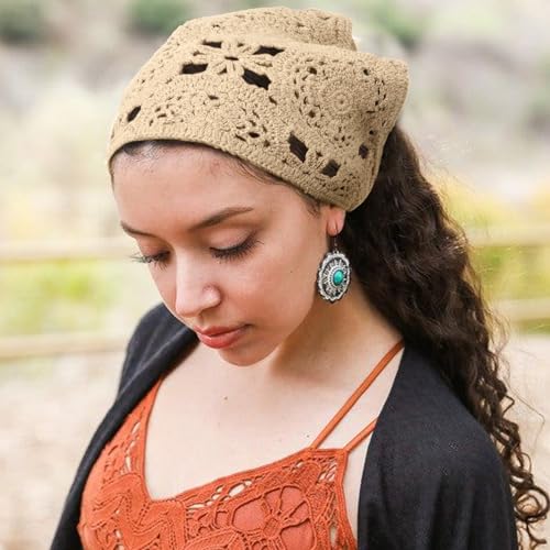 DRESHOW Floral Crochet Hair Bandana Tie Knotted Headscarf Vintage Headband Knitted Head Kerchief for Women Girls - color: 2 Pcs Floral Crochet (Khaki + Black)