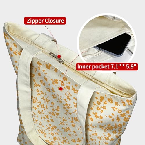 itgowisa Canvas Tote Bag for Women, Tote Bag with Zipper Inner Pocket, Zippered Canvas Bag for Shopping Work Grocery Everyday - style: Yellow
