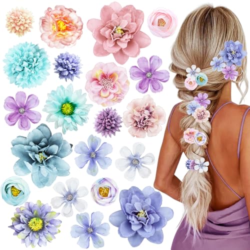 21 PCS Hair Flowers Boho Hair Barrettes Accessories Hawaiian Silk Flower Clips Girls Purple Blue Floral Bride Headpiece Festival(BLUE & PURPLE) - color: Purple&Blue, size: 1 Count (Pack of 21)