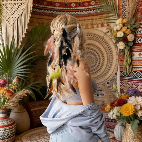8Pcs Feather Hair Clips bohemian Hippie hair Extensions gypsy hair accessories Indian Tassel Feathers Beads for Festival Headwear Halloween Cosplay Carnival Party (Mix Colors)