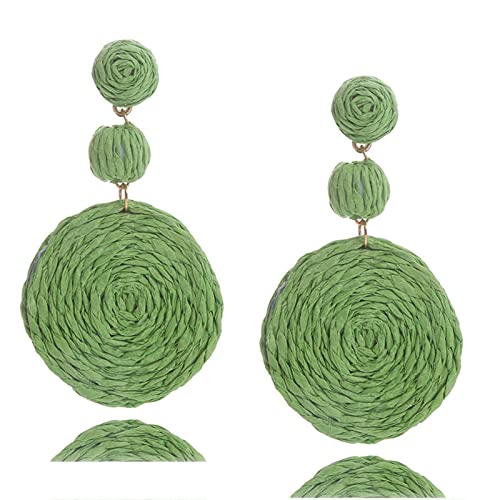 Boho Raffia Ball Earrings for Women, Handmade Statement Drop Earrings Straw Dangle Earrings Beach Vacation Jewelry - color: Matcha green