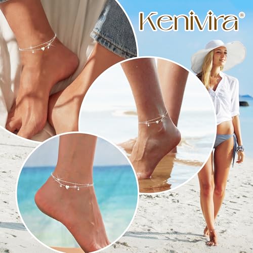 Kenivira Sterling Silver Ankle Bracelets for Women Dainty Non Tarnish Gold Layered CZ Heart Charm Anklets for Women Waterproof Adjustable Chain Anklet Cute Summer Beach Jewelry Gift - color: silver cz heart
