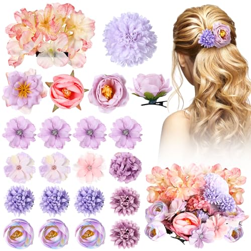 BBTO 21 Pcs Flower Hair Clip Rose Hair Clips Barrettes for Women Flower Accessories Boho Bride Claw Clip Hairpin Brooch Pin Headpiece for Wedding (Purple) - color: Purple