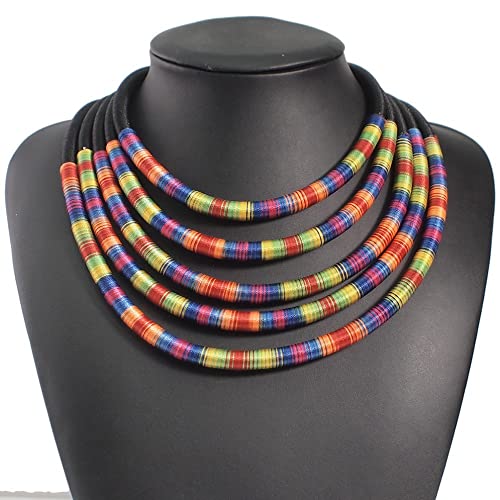 COLORFUL BLING Handwoven African Tribal Multilayer Chunky Statement Necklace Egypt Bib Collar Choker Costume Party Jewelry Accessories for Women - color: mix black