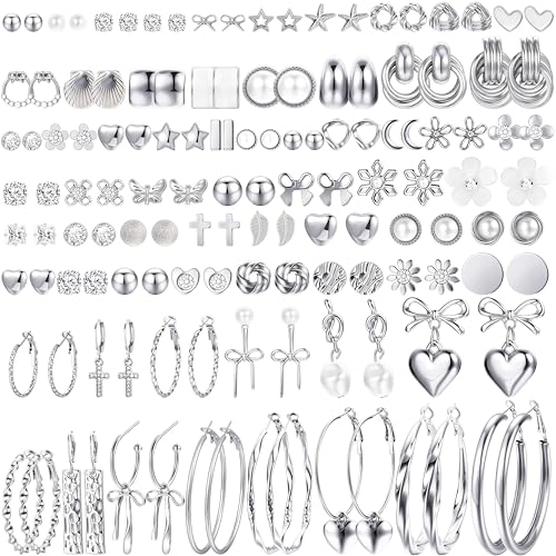 75 Pairs Gold Stud Earrings Set for Women, Trendy Hypoallergenic Pearl Cubic Zirconia Multiple Piercings Earrings Packs, Stud Hoops Earrings for Gift Jewelry - color: silver stud