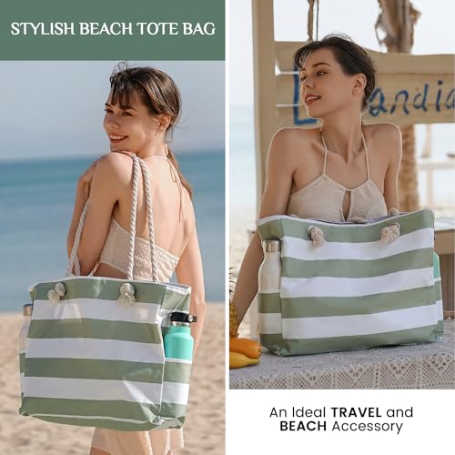 Clothirily Beach Bag for Women - Large Beach Tote Bag, Waterproof Sandproof Beach Bag with Zipper, Large Swim Pool Beach Tote - color: Green