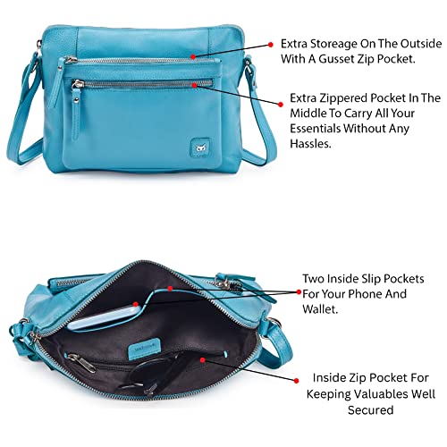 Leather Crossbody Bags for Women Small Soft Genuine Pebbled Sling Shoulder Handbag Crossover Purse with Full Adjustable Strap (Air Blue Nappa) - color: Air Blue Nappa