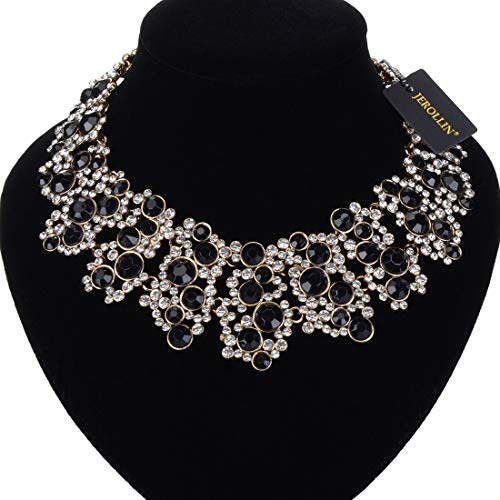 Jerollin Crystal Rhinestone/Pearl Statement Chain Necklace, Vintage Choker Bib Pendant Necklace Bohemian Bling Tassel Collar Statement Necklace for Evening Party - color: Black Crystal