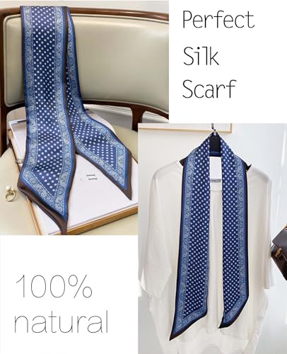 kcctoo 59” Long Silk Like Head Scarf Women's Fashion Square Neck Satin Scarfs for Bag Hair Scarves Gift 59 * 5.9” - color: R1 Blue Wave Dot 59" X 5.9"