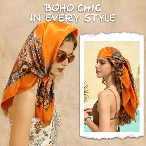 Large Square Head Scarf Bandana - 35" Satin Hair Scarf for Women Like Silk Scarf Fashion Hair Wrapping - color: Paisley(orange), size: 35IN*35IN