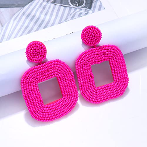 Beaded Drop Earrings Multicolored Seed Bead Earrings for Women Bohemia Statement Square Bead Hoop Dangle Earrings for Wedding Party Vacation - color: B Rose Red