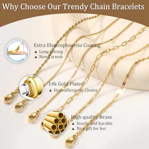 Freekiss Gold Stack Bracelets for Women: Dainty Thin Bracelet Set Trendy 14K Gold Plated Waterproof Bracelets for Women Adjustable Tennis Beaded Figaro Rope Paperclip Box Link Bracelet Gold Jewelry - style: 6pcs rope lip-GD