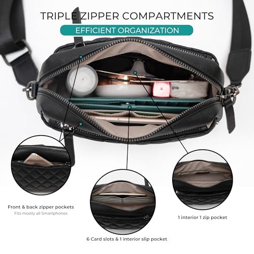 Alldaily Small Triple Zip Crossbody Purse for Women, Vegan Leather Phone Bag with Wide Shoulder Strap - color: Quilted Black
