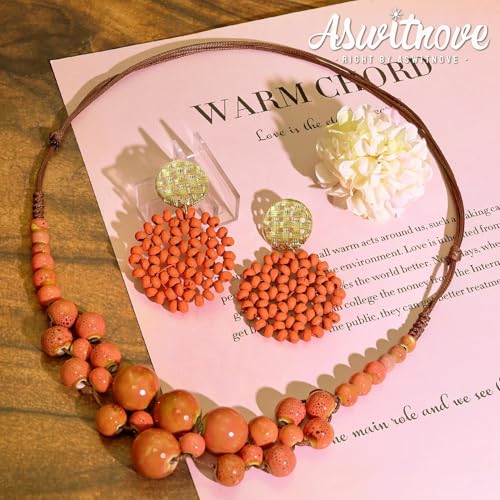 2 Pcs Hippie Boho Colorful Ceramic Beaded Necklace and Earrings Set for Women Adjustable Chunky Round Beads Strand Statement Necklace Colorful Summer Beaded Earrings Bohemian Jewelry Gift - color: Dark Pink