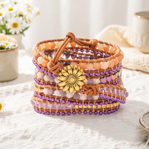 YGLINE Natural Stone Beaded Healing Wax String 5 Wraps Bracelets - color: purple