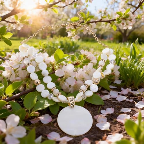 Layered Beads Statement Fashion Necklace Chunky Jewelry Set Big Colorful Glass Stone Circle Shell Pendant Choker Necklace and Earring Set for Women - color: white