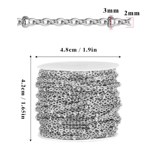 33 Feet Stainless Steel Satellite Chain Bulk, 2mm 304 Stainless Steel Chain Flat Cable Link Beaded Satellite Chains Bulk for Jewelry Making DIY Craft - color: Stainless Steel Small Beads Satellite Cable Chain