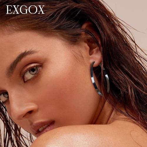 EXGOX Silver Hoop Earrings for Women - Sterling Silver & 14K Gold Plated - Hypoallergenic 925 Silver - Big Hoop Earrings (30/40/50/60/70mm) - color: 4MM Wide-Black 60mm