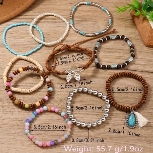 Long tiantian Western Turquoise Beaded Bracelet Set for Women Stackable Cowgirl Bracelets Boho Concho Jewelry Country Concert Rodeo Outfit Accessories Gifts - color: F1:western wooden dress