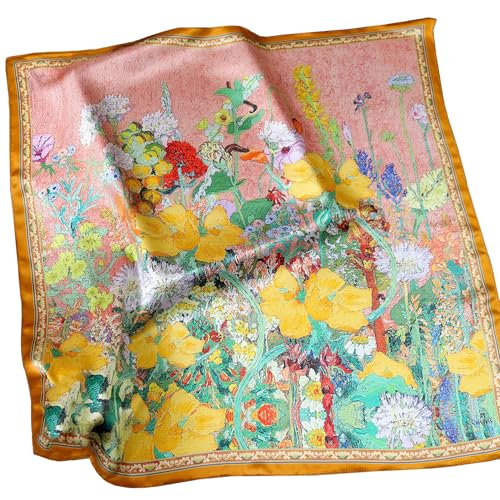 JERLA 100% Pure Mulberry Silk Square Scarf for Hair-27''x27'' Women Men Natural Silk Neckerchief Headscarf - color: Oil Painting Garden