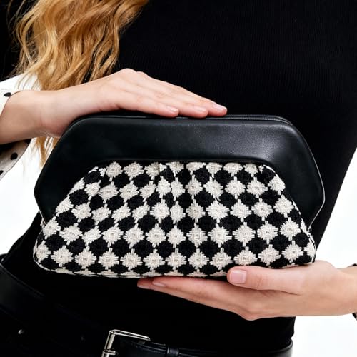 ENBEI Women's Checkered Crochet Evening Clutch Faux Leather Small Handbag Purse for Wedding Party Daily Use | Checkered Crochet