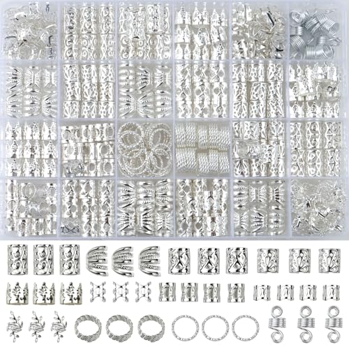 300 Pcs Silver Hair Jewelry for Braids,12 Styles Dreadlock Accessories, Adjustable Metal Hair Clips, Hair Cuff Coils Rings Braiding Decorations for Women Men - color: Silver