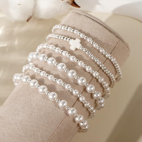 Silver Gold Beaded Bracelets for Women Stackable 14K Gold Plated Beads Ball Cross Bracelet Stack Non Tarnish Elastic Stretch Trendy Jewelry Christian Friendship Christmas Gifts for Women - color: 6pcs-Silver