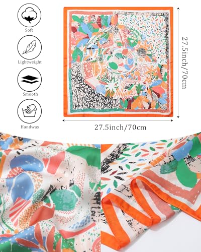 AWAYTR 27.5” Silk Satin Square Head Scarf - 4PCS Satin Head Scarves for Women Hair Kerchief Bandanas Sleeping Head Wraps - color: Flower(red/Orange/Navy/Khaki)