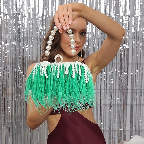 Women Real Natural Ostrich Feather Evening Bags Purses Clutch Vintage Banquet Handbag - color: Green Pearl