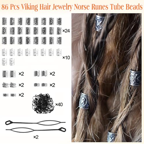 86 Pcs Viking Hair Jewelry 30 Styles Norse Runes Tube Beads，Metal Cuffs for Braids Dreadlock Beads, Hair Accessories Braiding Decorations for Women Men - color: Silver-86pcs