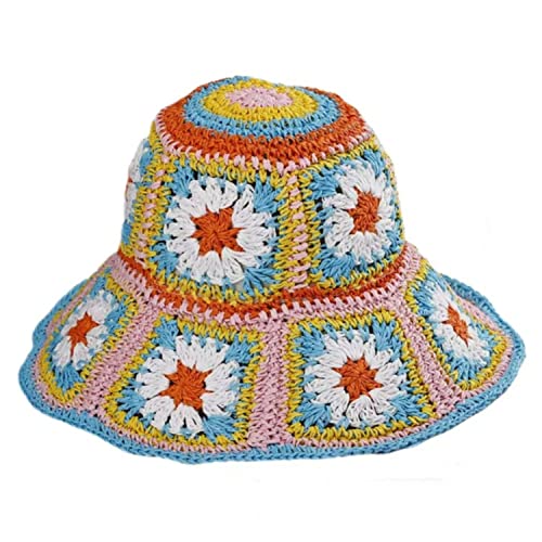 Women Straw Sun Hat Floral Woven Crochet Bucket Hat Y2k Aesthetic Accessories Beach Hat Hand Woven Boho Foldable Cap - color: Sky