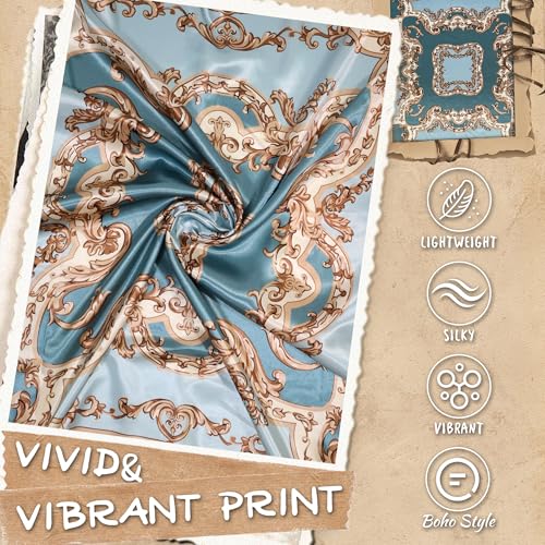 Large Square Head Scarf Bandana - 35" Satin Hair Scarf for Women Like Silk Scarf Fashion Hair Wrapping - color: Baroque Scroll(blue), size: 35IN*35IN