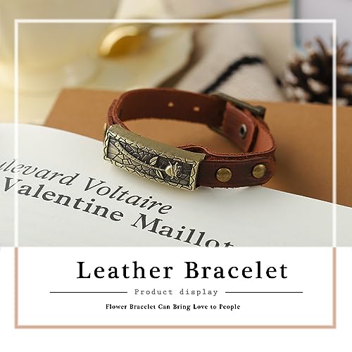 Boho leather bracelets Vintage Brown Bracelet Buckle Clasp Rose Bracelets Handmade for Women and Men