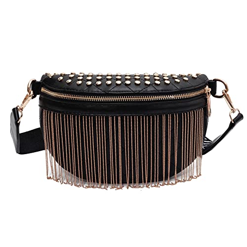 GLT.ETL Fanny Pack Chest Bag For Women Faux leather Fringe Quilted Waist Cross Body Bum Bags Rivet Studded Tassel Purses(Black Gold) - color: Black Gold