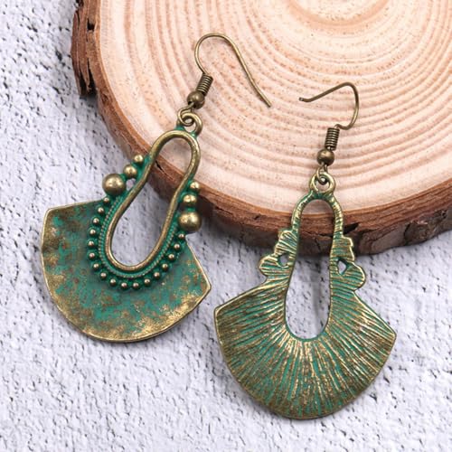 Boho Antique Carved Flower Dangle Drop Earrings for Women Vintage Retro Handmade Hollowed Antiqued Bronze Floral Shaped Geometric Gold Silver Plated Hoop Earrings for Ethnic Style Jewelry Gifts - color: Antique gold