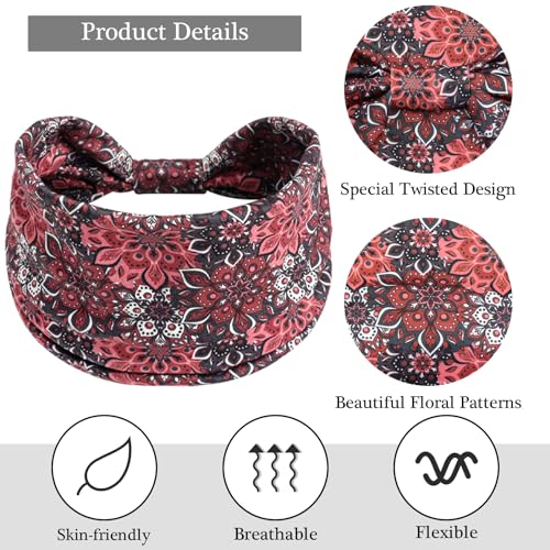 Boho Headbands for Women Elastic Non-Slip Floral Pattern Head Band Wide Twisted Knot Hair Bands Sweats Bandanas Workout Yoga Sports Hair Wraps Accessories for Girls (Pack of 4) - color: Color-6
