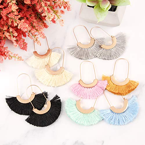 Bohemian Silky Thread Tassel Strand Fringe Statement Hoop Earrings - Lightweight Semi Circle Fan Threader, Mermaid Hoops - color: Fan Tassel Threader - Ivory