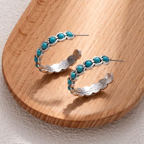 Boho Round Turquoise Hoop Earrings Daisy Flower Turquoise Dangle Earrings for Women Men Vintage Ethnic Accessories Tribal Jewelry - color: Green