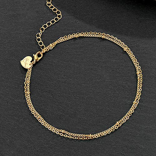 LOYATA Dainty Ankle Bracelet,14K Gold Plated Tiny Bead Anklet Dainty White Cubic Zirconia Cross Tassel Foot Chain Cute Lucky Moon Evil Eye Foot Jewelry Boho Anklets for Women - color: A double chain