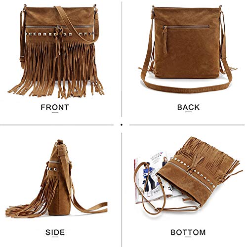Hoce Women’s Leather Fringe Messenger Bag Large Hobo Crossbody Tassel Shoulder Bags, Gift for Mom Wife Girlfriend - color: E-brown