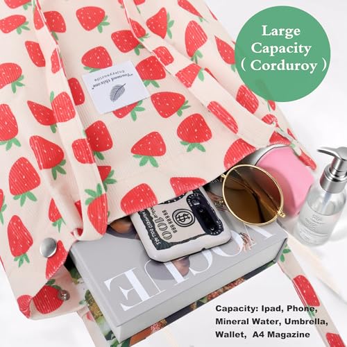 Corduroy Tote Bag for Women Small Canvas Shoulder Purse Cord Handy Bag with Inner Pocket | with Front Pocket - color: 03 A-strawberry-1