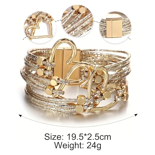 Fesciory Leather Wrap Bracelets for Women, Boho Leopard Multi-Layer Crystal Beads Cuff Bracelet Jewelry - color: Heart(Gold)