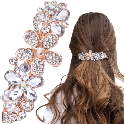 Joez Wonderful Rhinestone Hair Clip Sparkly Crystal Barrettes French Wedding Prom Engagement Pageant First Communion Hair Decorative Accessories for Women Bride Thick Long Hair (Flower White, 1 Pcs) - color: Rhinestone Flower Silver